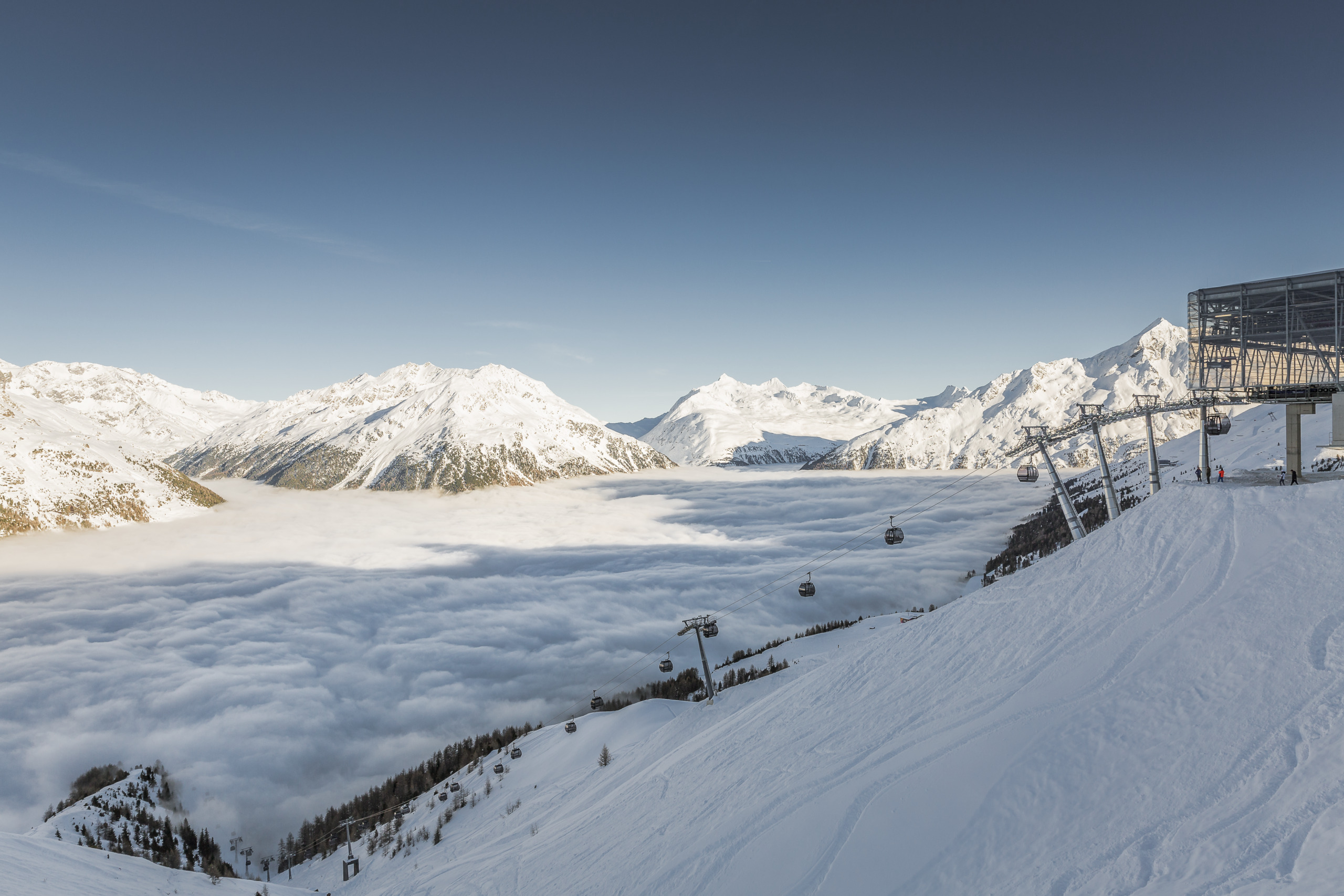 Ötztal, Sölden, Winter, Skigebiet, Giggijochbahn, Landschaft, Panorama, Wolken, Stimmung, Berge, Gondel